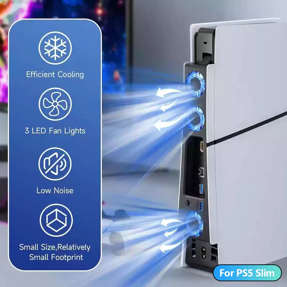 Gaming Cooler Fan Efficient Cooling System with LED Light Noise Reduction for PS5 Slim Cooling Fan Disc and Digital Console