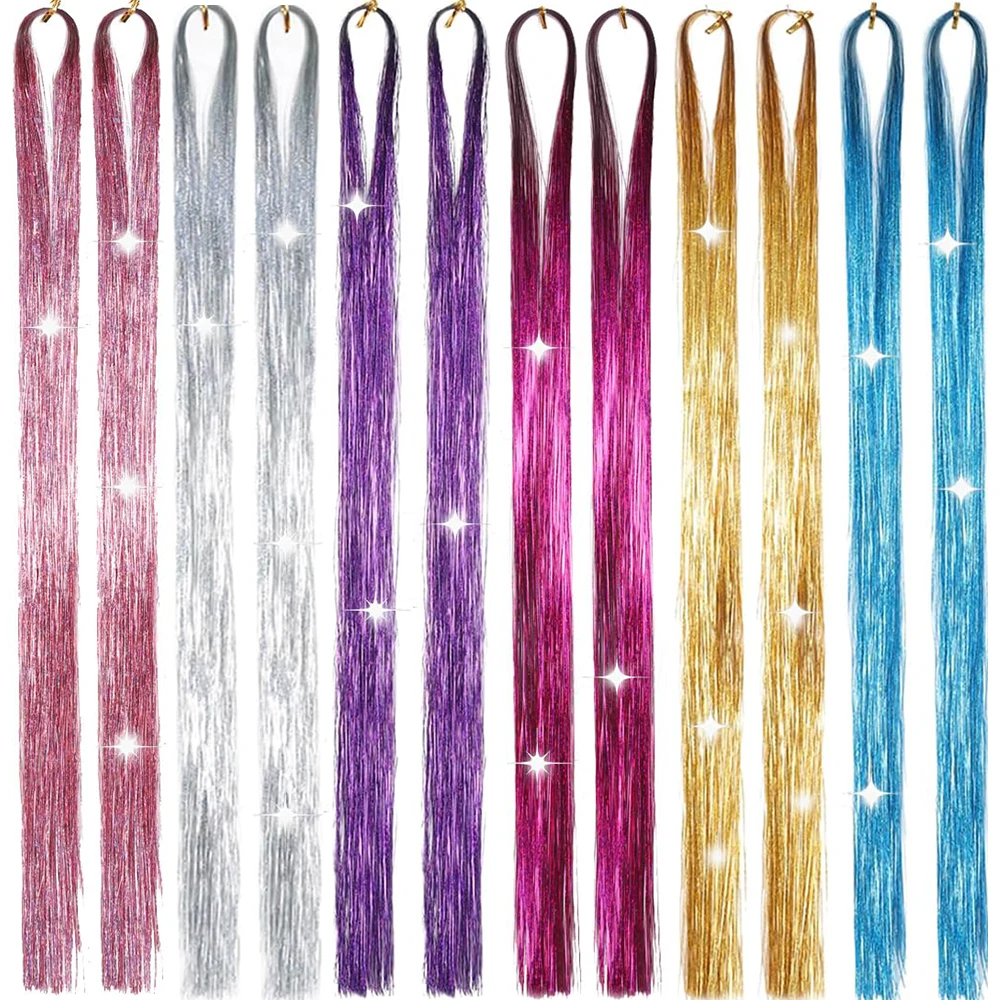 Hair Tinsel 50inch 8packs 1600 Strands Synthetic Hair Extensions Shiny Hair Accessories Sparkling Fairy Glitter for Women Girls