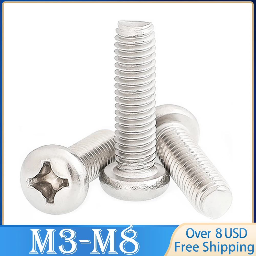 10pcs PM Screw M3 M3.5 M4 M5 M6 M8 DIN7985 GB818 304 Stainless Steel Cross Recessed Pan Head Screws Phillips Screws