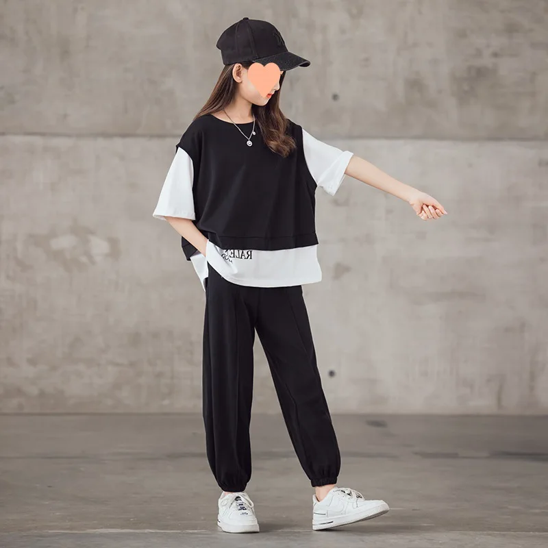 Children's sports suit summer new middle-aged and older children's short-sleeved two-piece set, girls' casual pants suit tide 2