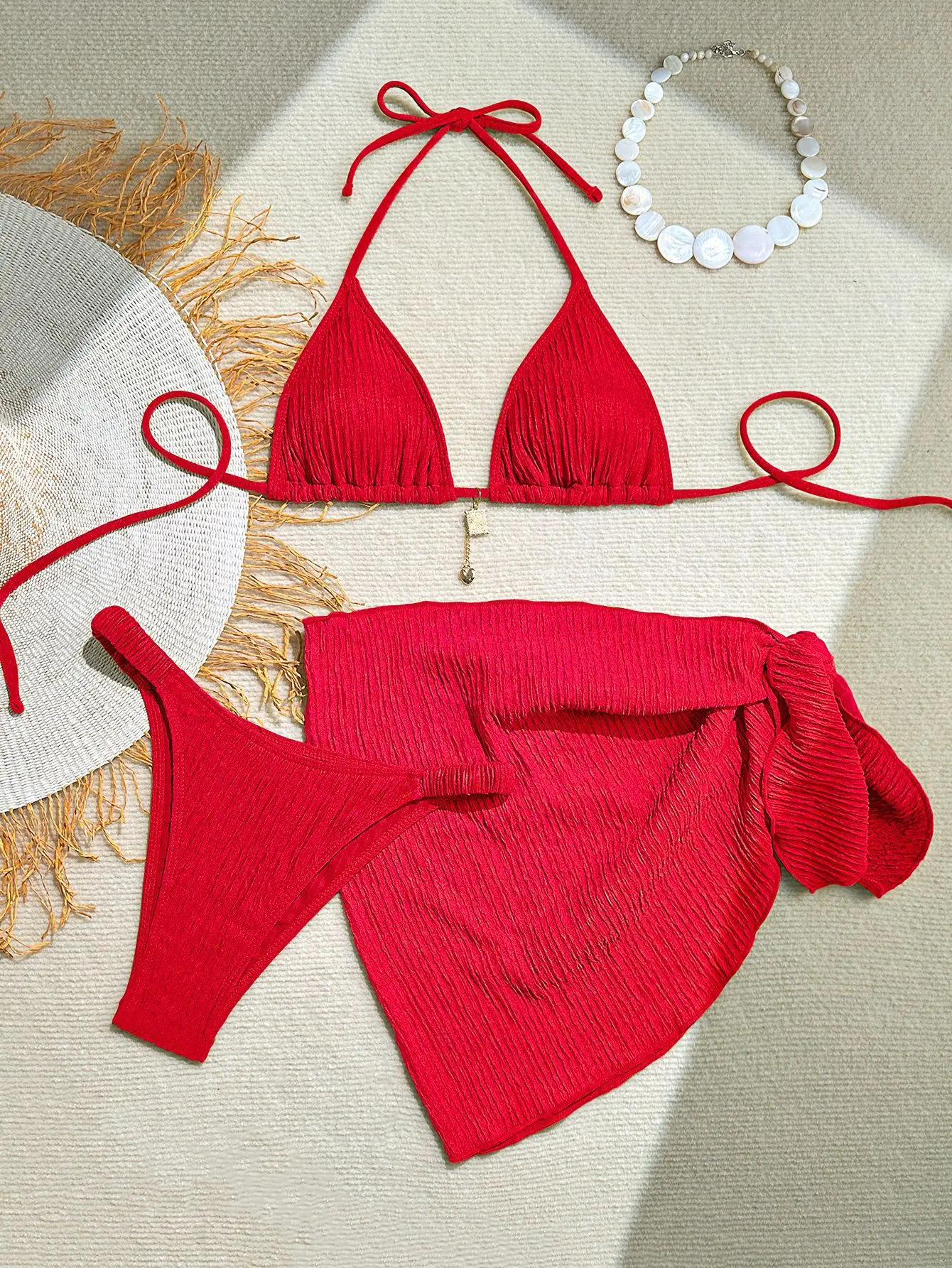 

Сексуальный купальник-бикини из трех частей с регулируемыми бретелями и съемными вкладышами, однотонный, пляжный, раздельный комплект из двух частей, женский купальный костюм