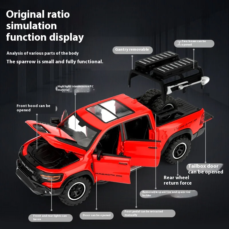 1:32 RAM 1000 TRX マムモス ピックアップ 合金製カーモデル サウンド＆ライト プルバック式 子供のおもちゃ コレクション 誕生日プレゼント