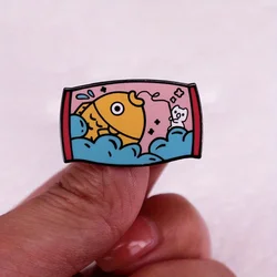 Cute Cartoon Badge Small Cat Fishing for Big Fish Brooch