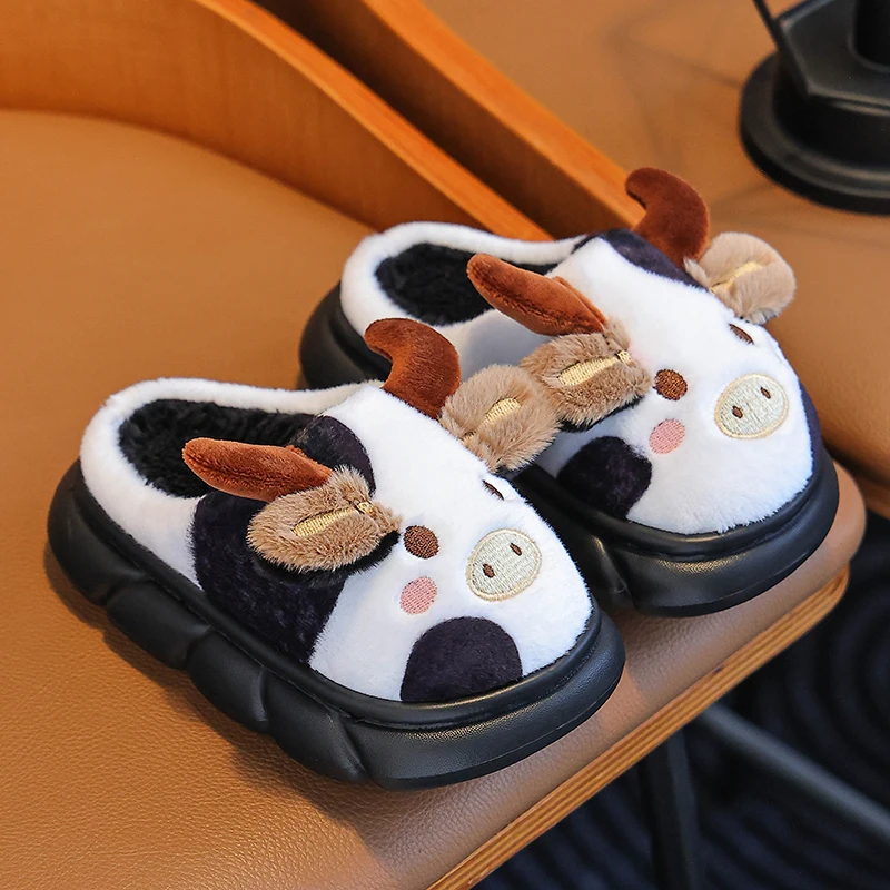 

Winter Kids Cow Slippers Plush Warm Cartoon Animal Slippers for Children Non-slip Indoor Home Shoes