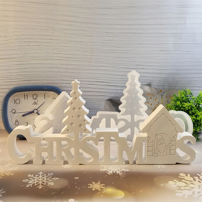 Christmas English Letters Ornament Mold Christmas Tree and House Gypsum Molds DIY Aroma Plaster Epoxy Resin Clay Silicone Mould