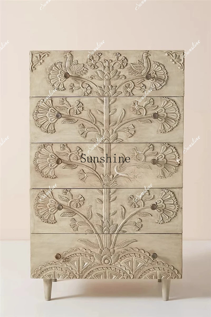 French retro art solid wood carving flower chest of drawers American country bedroom drawer storage FT