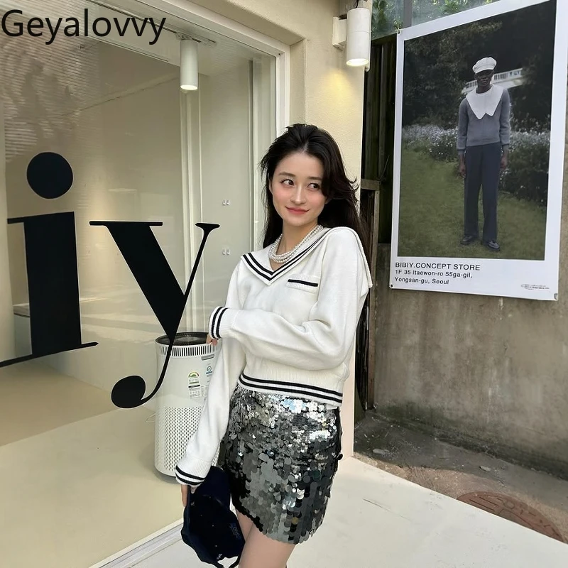 Japanese Sweet Navy Collar College Style Color Matching Pullover Outer Wear Long-sleeved Women's Versatile White Knitted Sweater