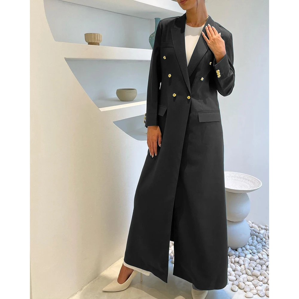 Solid Color Long Women\'s Blazer Abayas Double Breasted Peak Lapel Formal Business Outerwear Luxury Dubal Jacket 1 Piece Coat