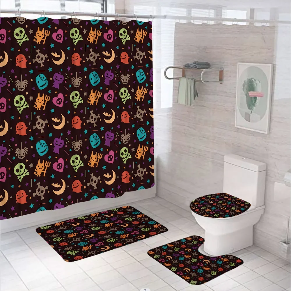 Halloween Scary Castle Pumpkins Shower Curtain Set Full Moon Night Bat Bathroom Curtains Non-Slip Bath Mats Rug Lid Toilet Cover