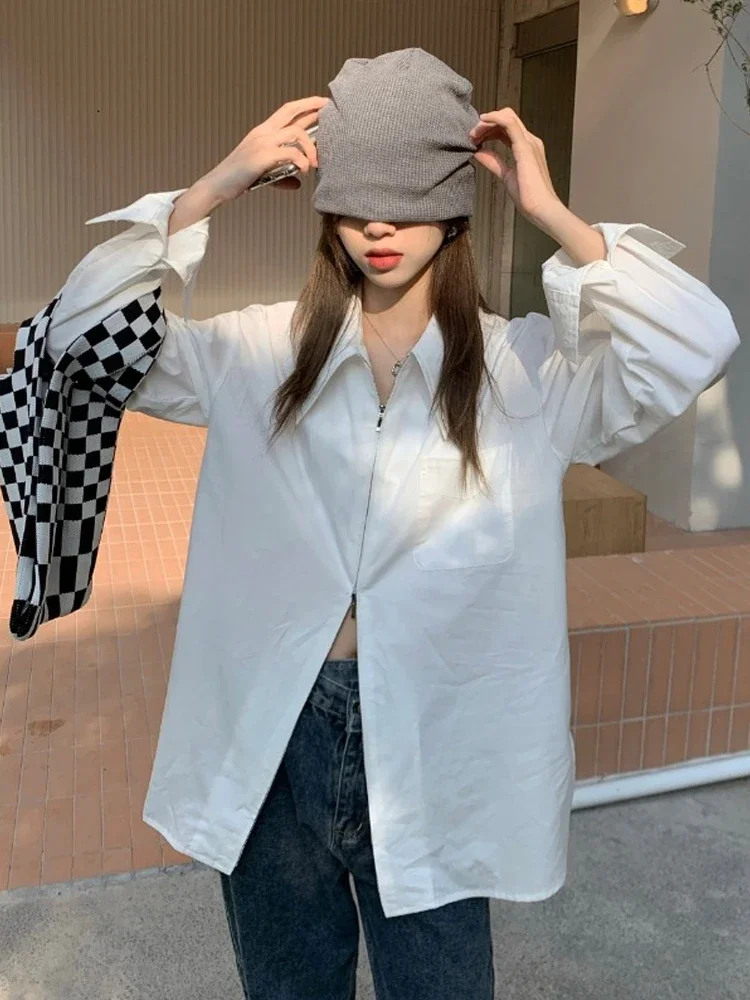 

Рубашки Ulzzang на молнии, женские рубашки Ins, осенняя мода, молодые офисные женские минималистичные корейские рубашки в консервативном стиле, универсальные для колледжа
