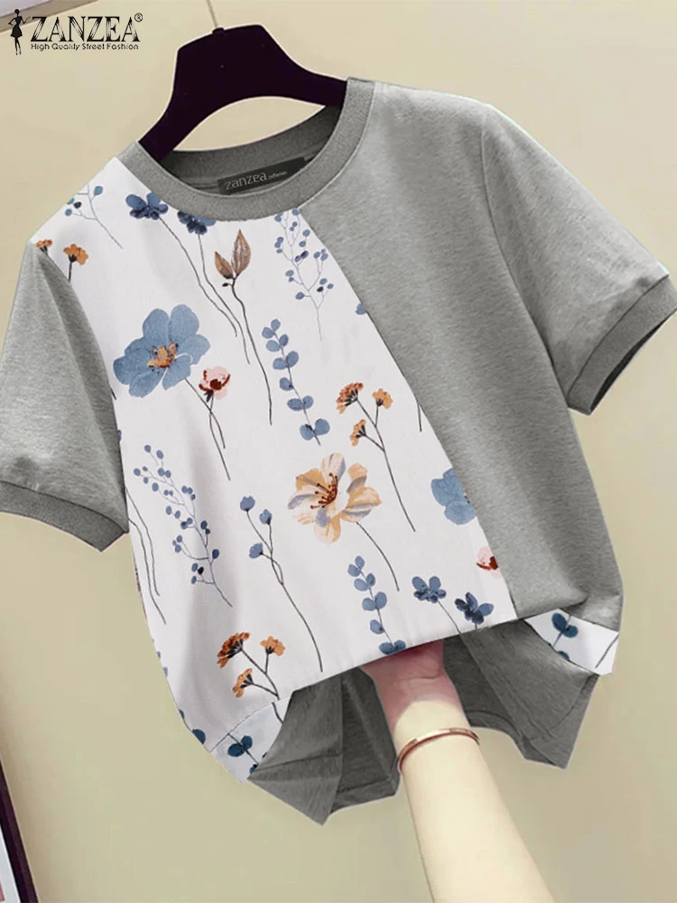 ZANZEA Comfy O Neck Tees Summer 2024 Short Sleeve Floral Printed Patchwork Women Blouses Tops Daily Color Block Casual T-shirts