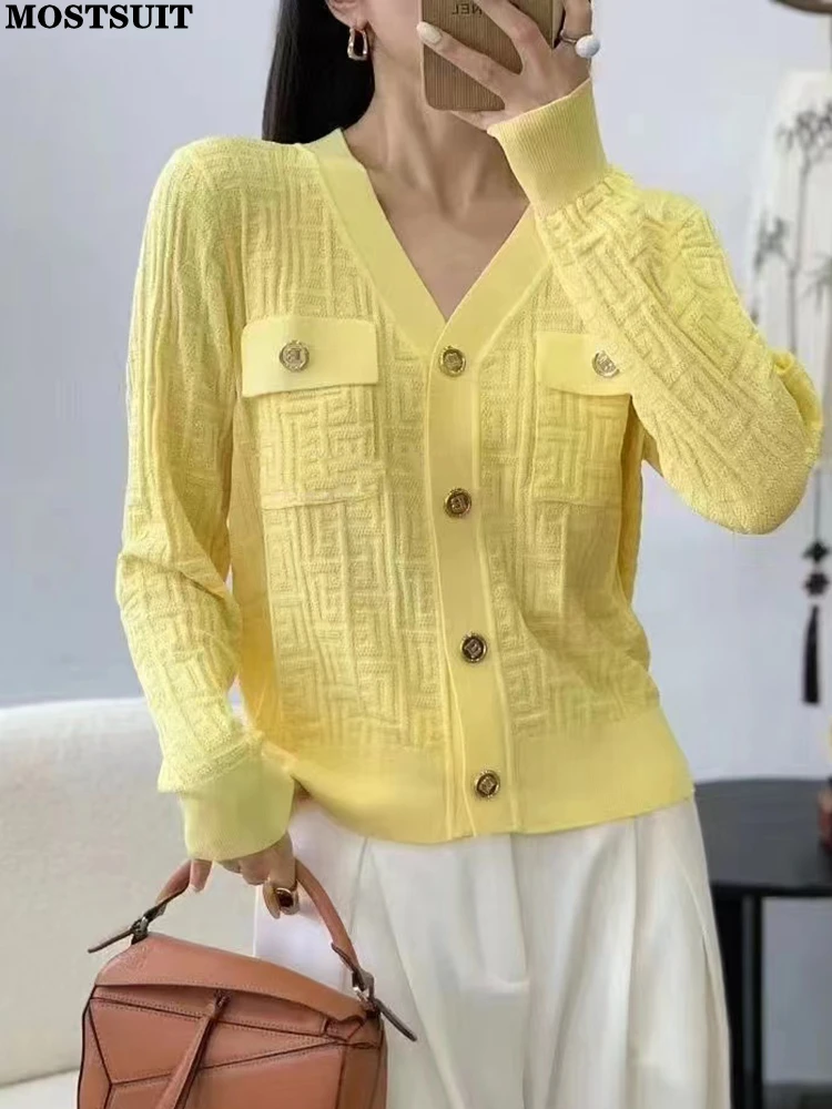 

Jacquard V-neck Knit Sweater Cardigan Women Autumn Winter Long Sleeve Single-breasted Tops Knitwear Stylish Chic Elegant Jumpers