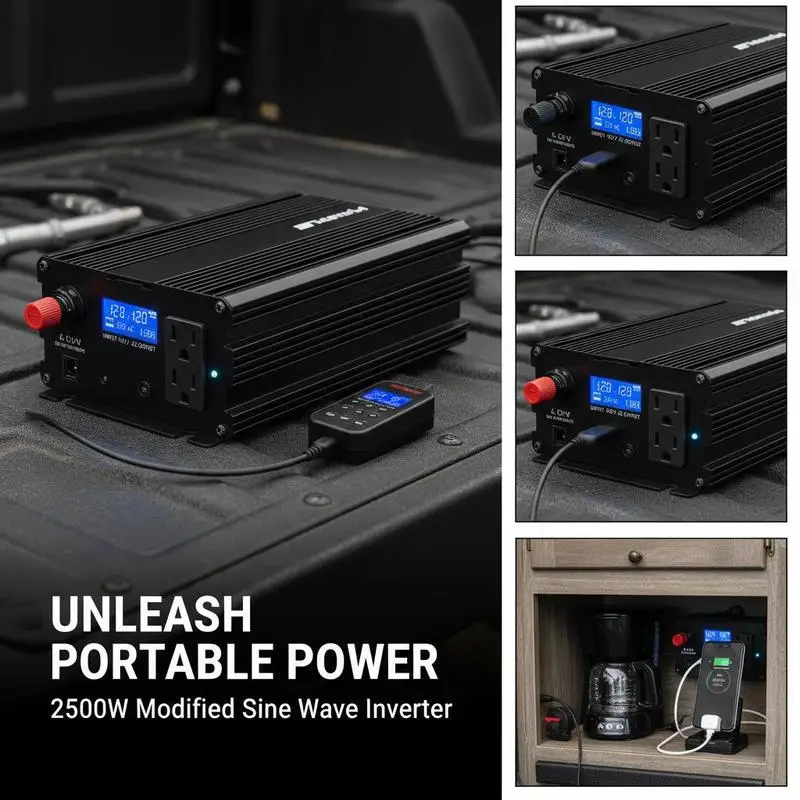 Voltage Transformer 2500W DC 12V to AC 120V For Truck RV Camping, Modified Sine Wave LCD Display Remote Controller Dual AC Outlets LED Indicator Heavy Duty Power Converter Off-Grid Emergency Supply Accessory