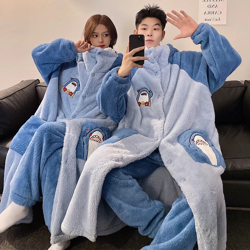 Kigurumis shark Winter Robe Pajamas Women Men Couple Sleepwear Coral Velvet Nightie Lovely Long Plush Hooded Thick Robe Suit