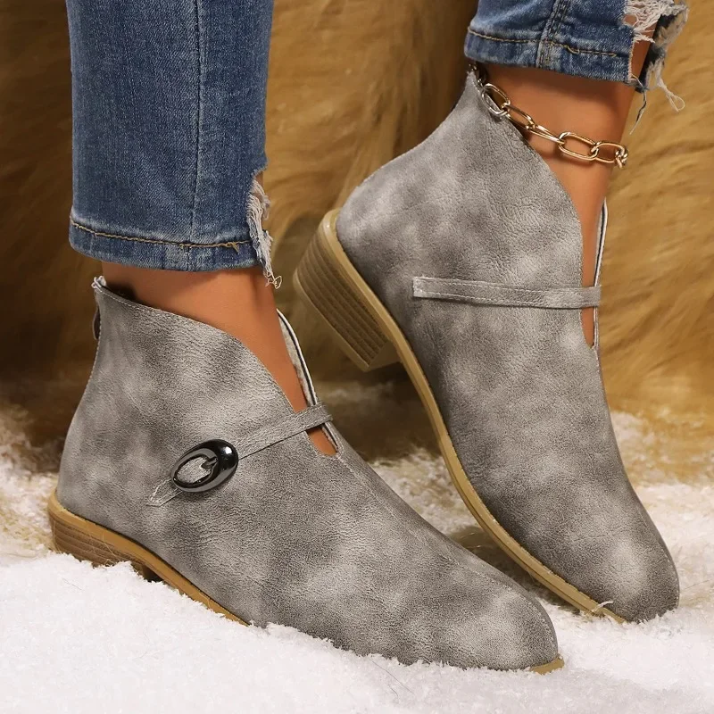 Bottes de rinçage à neige mi-talons pour femmes, peluche courte, chaussures chaudes, marque décontractée d'hiver, bottines en cuir, escarpins gothiques, 2025