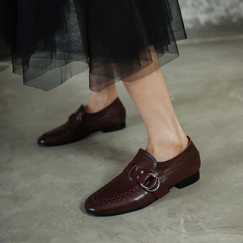 2026 new spring autumn women pumps natural leather 22-25 cm washed cowhide+sheepskin+pigskin round toe women shoes Retro loafers