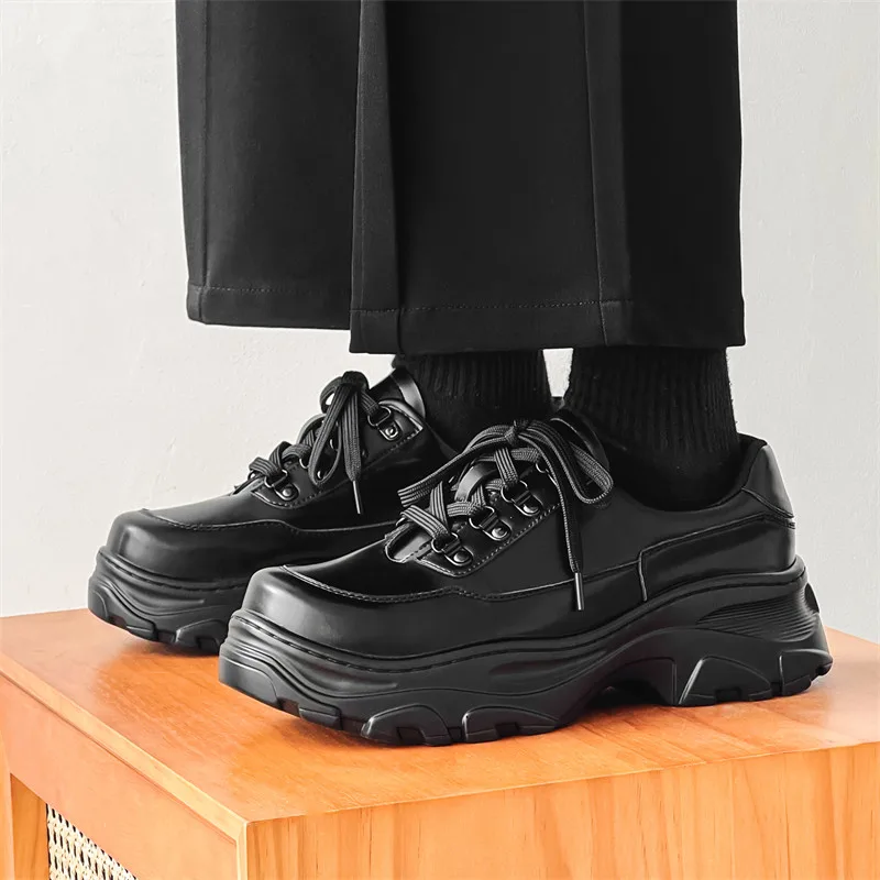 

British Casual Platform Thick Soles Trendy Leather Shoes Men's Square Toe Work Oxfords Male Shoes Hiking Outdoor Black