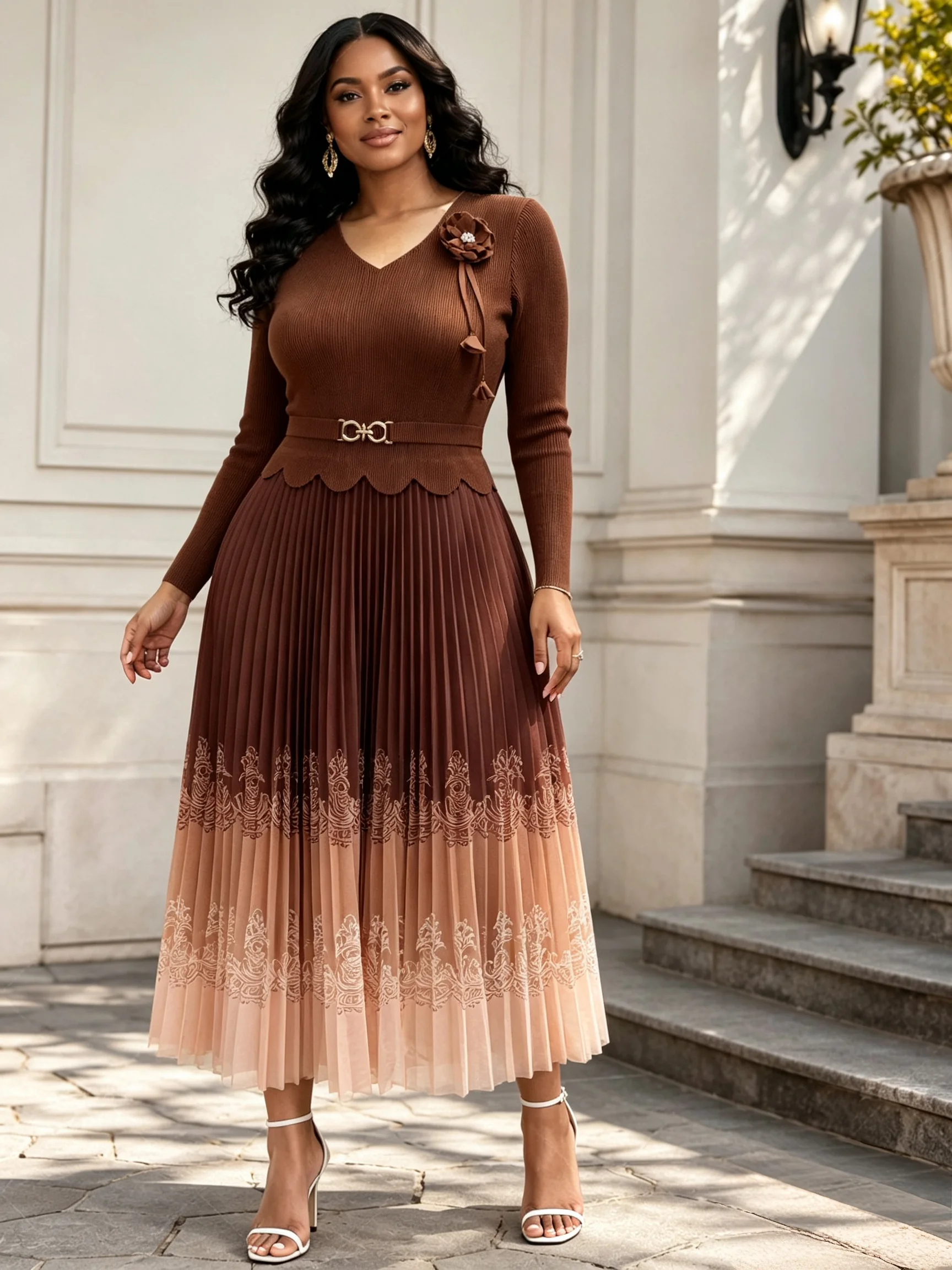 2026 Miyake new slim-fit large-size women's dress with pleats gradient color fashionable and elegant studded with sequins