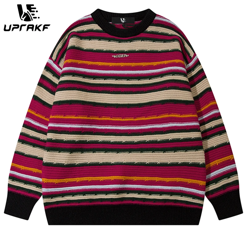 UPRAKF Striped Sweater Loose Pullover Winter Long Sleeves Casual Trendy O-Neck Fashion Warm Autumn