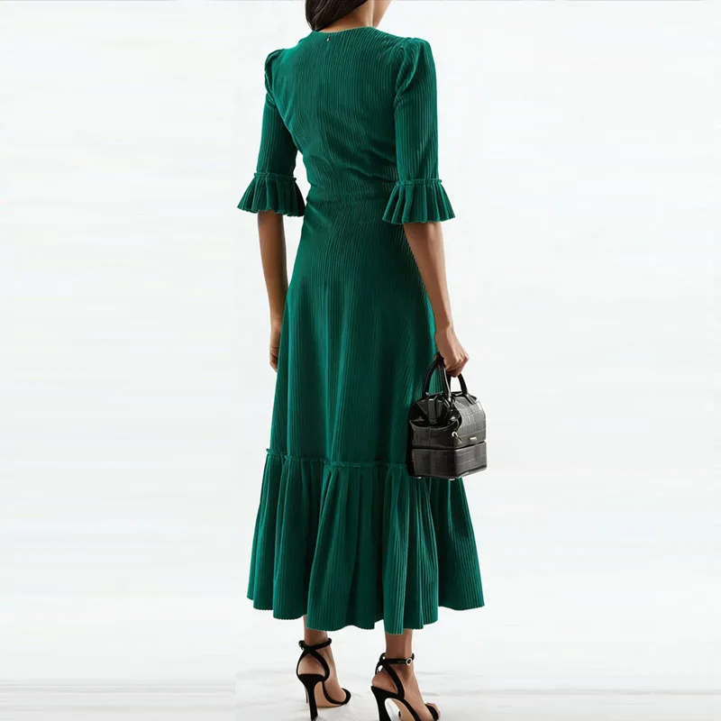 الربيع عادية الصلبة مضلع سروال قصير فستان امرأة أنيقة س الرقبة مطوي فستان طويل الخريف فراشة كم ألف خط بوهو ماكسي فستان