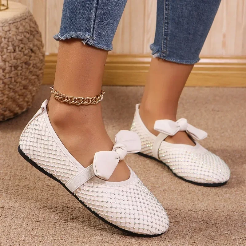 2024 Hot Selling Luxury Rhinestone Stud Ballet Flats Women's Bow Soft Sole Mary Jane Shoes Women's Crystal Buckle Loafers