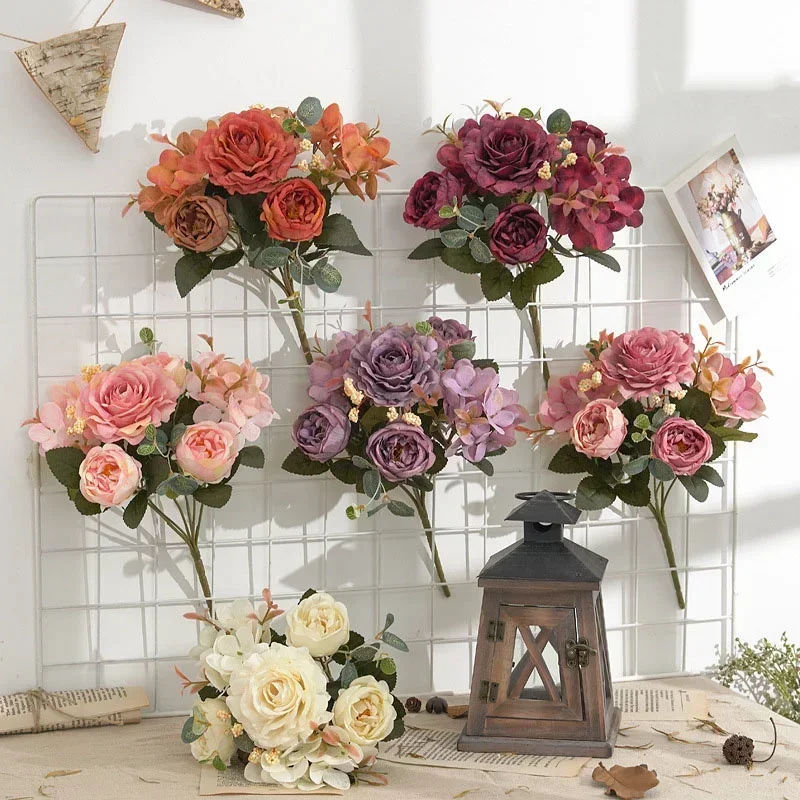 Fall Peony Artificial Flowers Retro Rose Floral Arrangements for Home Table Decor Wedding Christmas Party Decoration Fake Flower