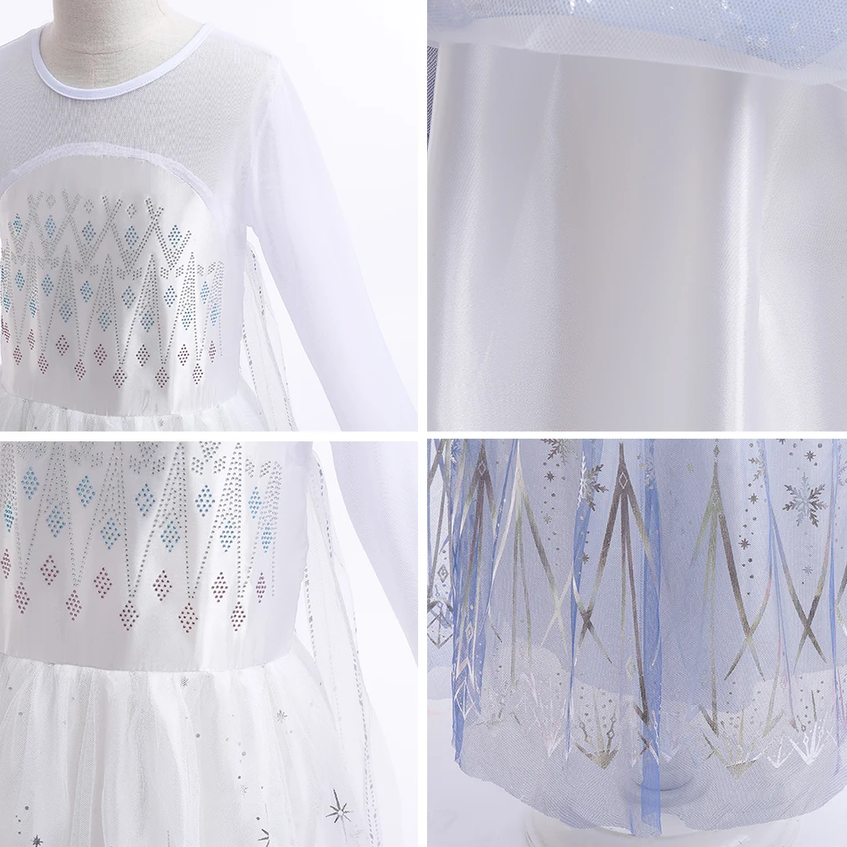 Frozen 2-vestido blanco de princesa Elsa para niñas, trajes de Cosplay, lentejuelas, tul, traje de fiesta de fantasía para niños, conjuntos de disfraces de Halloween