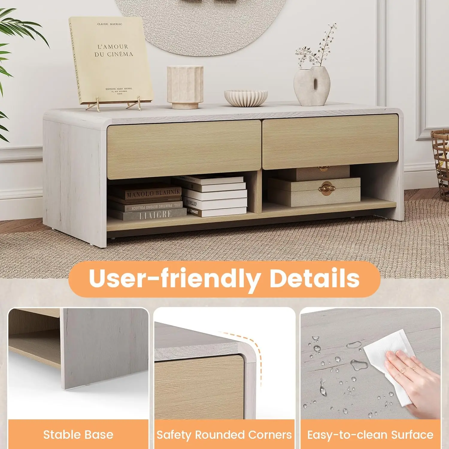 Mesa de centro de madera moderna de 43 pulgadas, mesa de té de cóctel rectangular con 2 compartimentos y cajones de almacenamiento para sala de estar