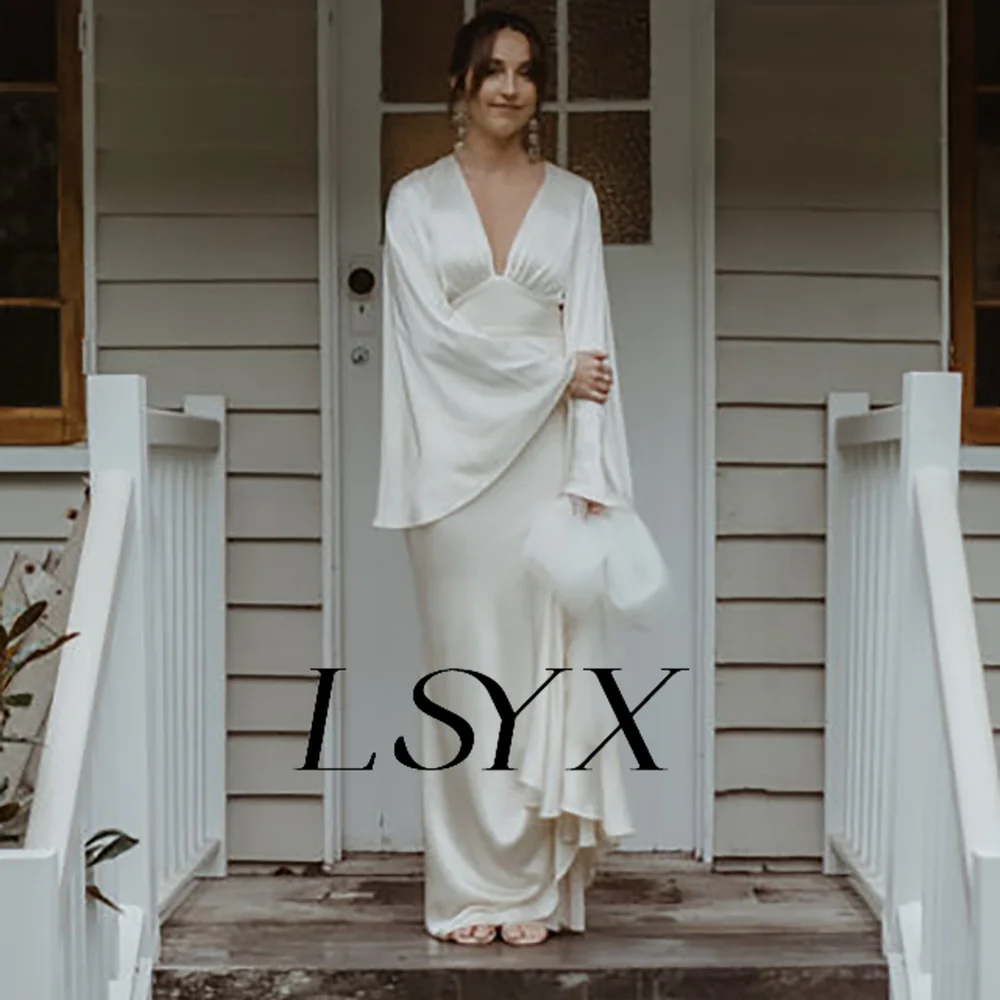 Lsyx ชุดเดรสยาวคอวีลึกแบบเรียบง่ายชุดเดรสผ้าซาตินทรงเอไลน์สำหรับงานแต่งงานเปิดหลังความยาวถึงพื้นในศาลชุดเจ้าสาวสั่งตัดตามขนาดได้