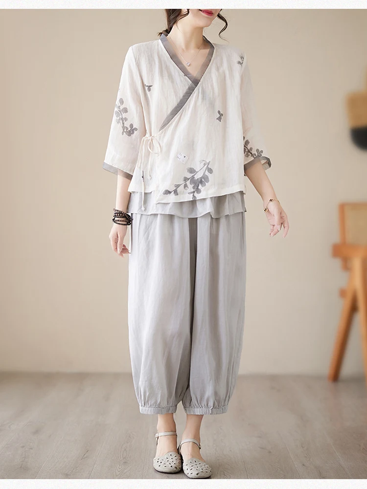 

Летний повседневный комплект из хлопка и льна: рубашка и брюки-кюлоты для женщин, модный набор с V-образным вырезом, принтованный, свободного кроя, дышащий, легкий.