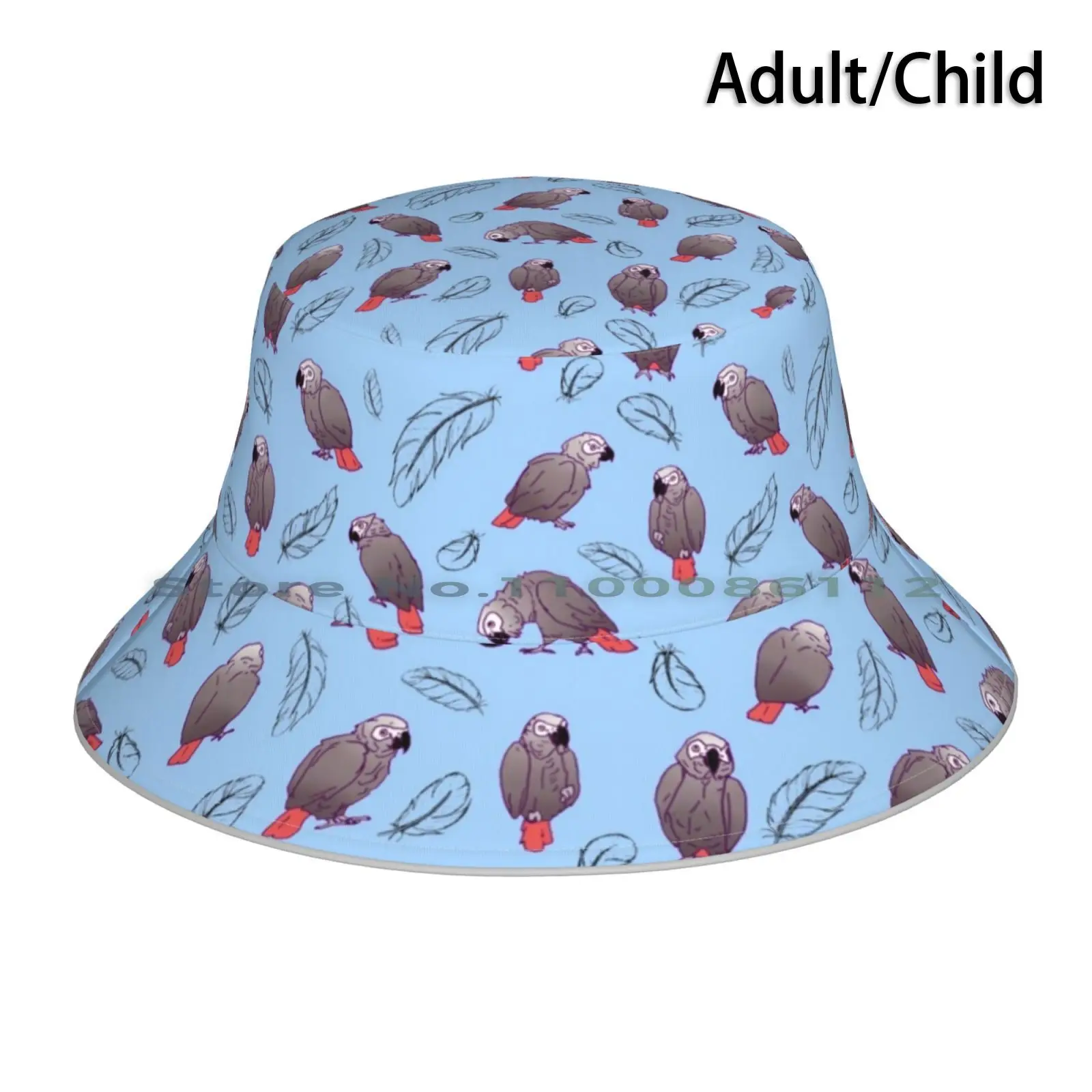 African Grey Parrot And Feather Bucket Hat Sun Cap African Grey Parrot Feather Bird Seamless Pattern Foldable Outdoor Fisherman