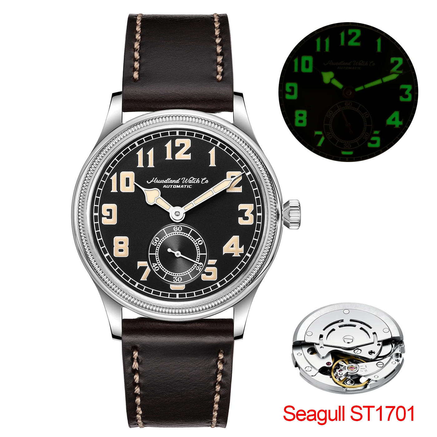 Montre de pilote rétro Mark IX, montres automatiques pour homme, 38 mm, Seagull ST1701, montre-bracelet mécanique, C3 Green Lume K1, bracelet en cuir, verre minéral bombé, montres de terrain militaires de haute qualité