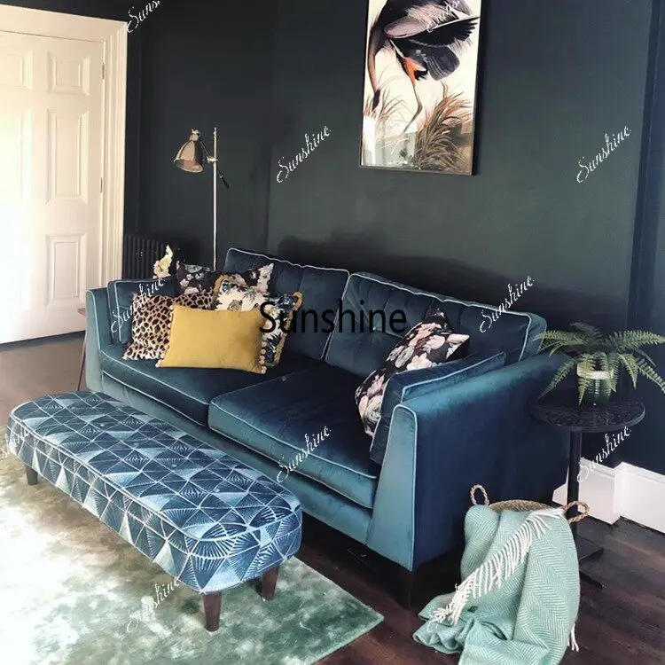 

Nordic living room small apartment blue triple sofa combination
