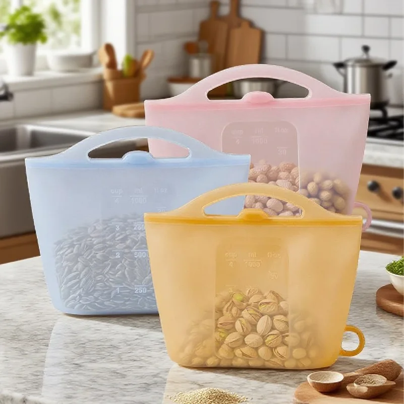 Reusable Silicone Fresh-Keeping Bag with Scale, Sealed Bag, Portable Food-Grade Refrigeration Bag