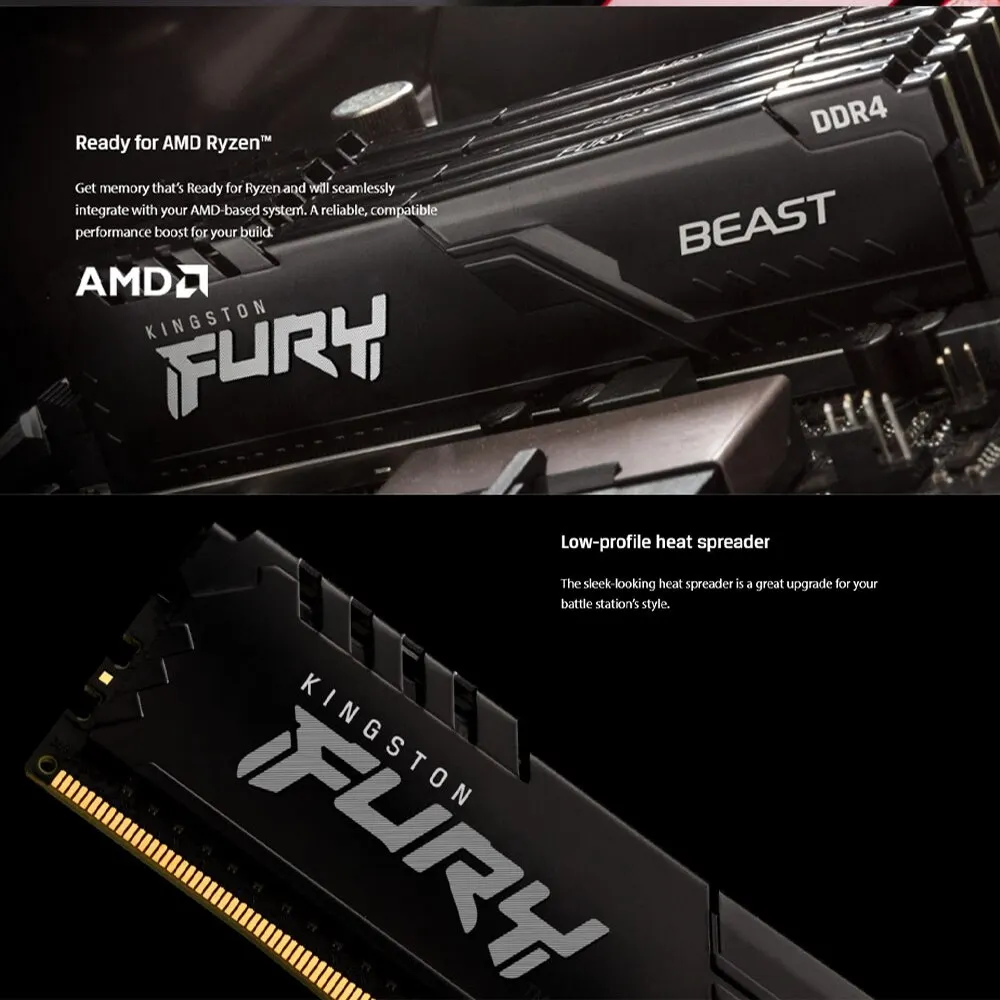 Kingston Desktop Memória RAM DDR4 FURY BEAST 16GB 8GB 3200MHz 3600MHz Dimm Memoria Rams PC4 Gaming Memória Suporte Motherboard