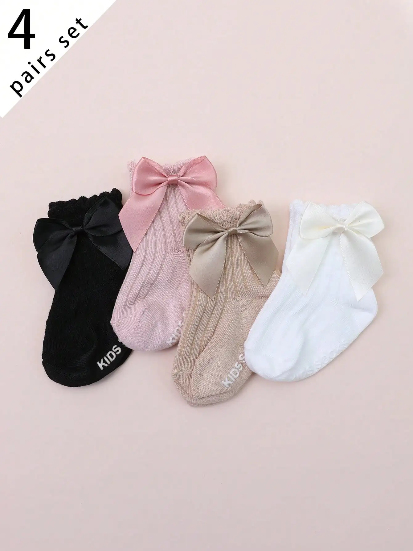4Pairs 0-3Y Infant Girls Bow Ankle Socks Solid Cable Knit Soft Elastic Breathable Baby Socks Spring Daily Matching Accessory