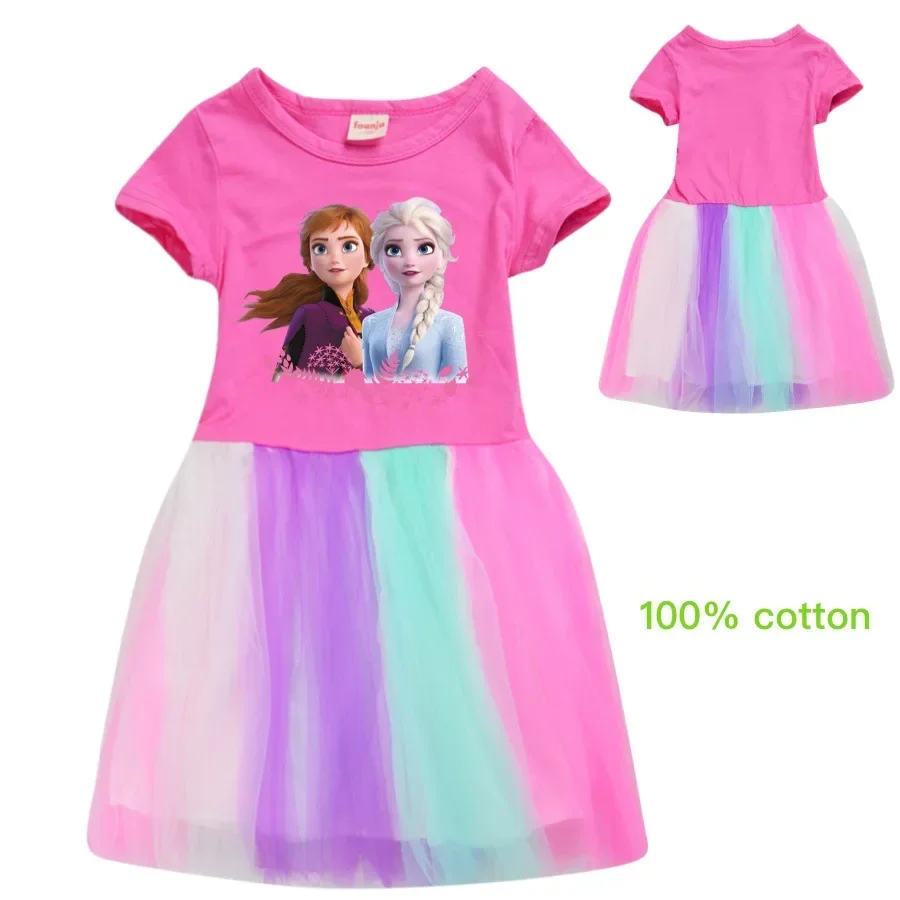 Kids Rainbow Lace Girls Dress Cotton Cartoon Frozen Anna Elsa Olaf Print Teenage Summer Princess Dress Suit Cute Little Student