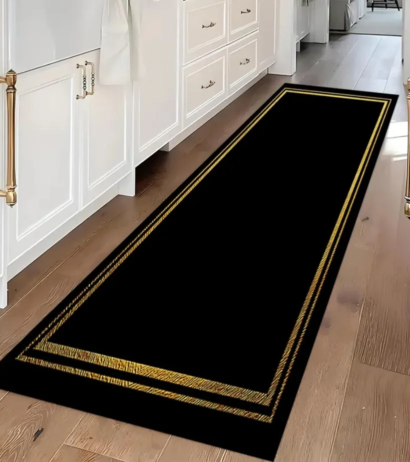 Luxury Black Gold Greek Key Border Runner Rug Modern Minimalist Non-Slip Hallway Kitchen Floor Mat Vintage Style Area Carpet view 3