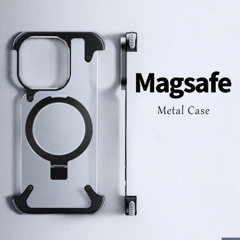 Aluminum Alloy Magnetic Stand Rimless Phone Case For iPhone 13 14 15 Pro Max 15 Pro Metal Lens Shell Frosted Matte Back Cover image 6