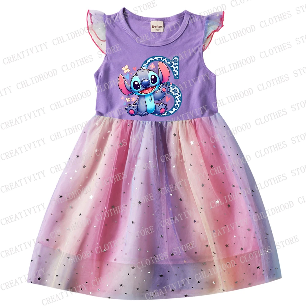 Vestido con estampado de Disney para niña, ropa informal de gasa con letras, Stitch, ABCD, dibujos animados