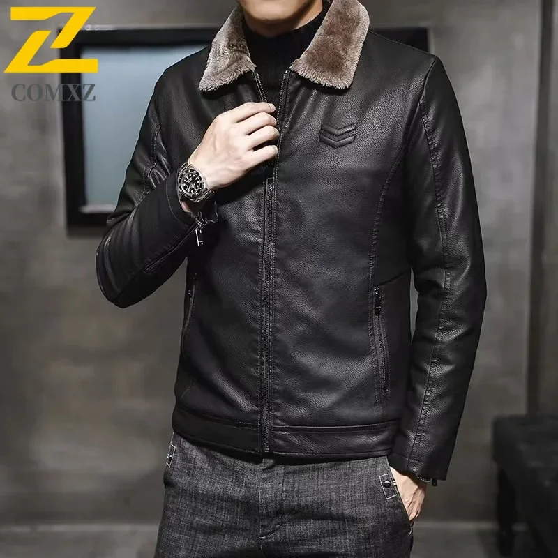 Winter Men's Leather Jacket 2025 New Solid Color Plush and Thick Outdoor Travel Lapel Windproof Coat Men's Warm Leather Clothing