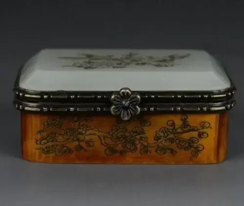 Old Chinese Bone Making Inlay Nephrite Jade Jewelry Box Magpie Plum flower