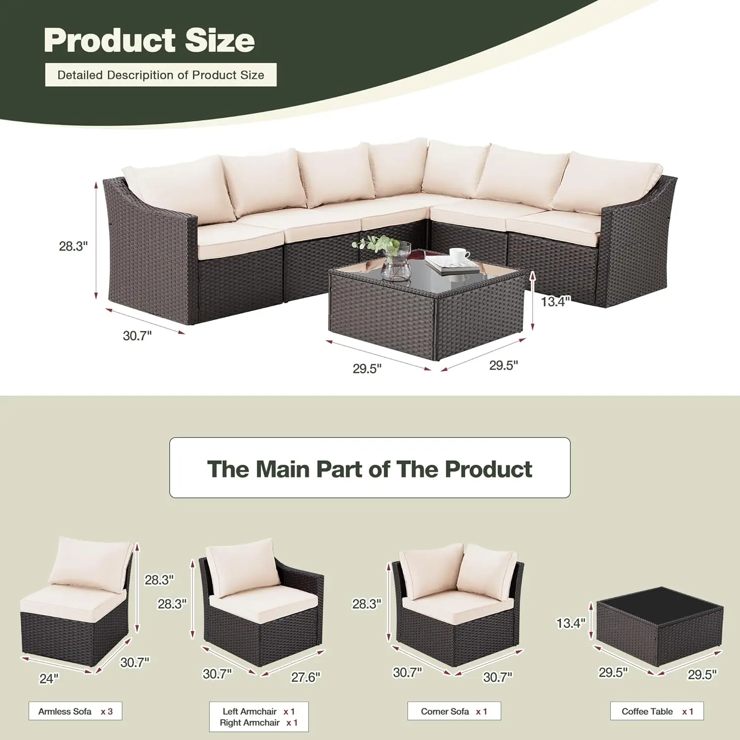 7 Stuks Terrasmeubelset Sectionele Sofa, Buitenterrasmeubilair, Conversatieset Sectional Sofa Met Kussen En Salontafel