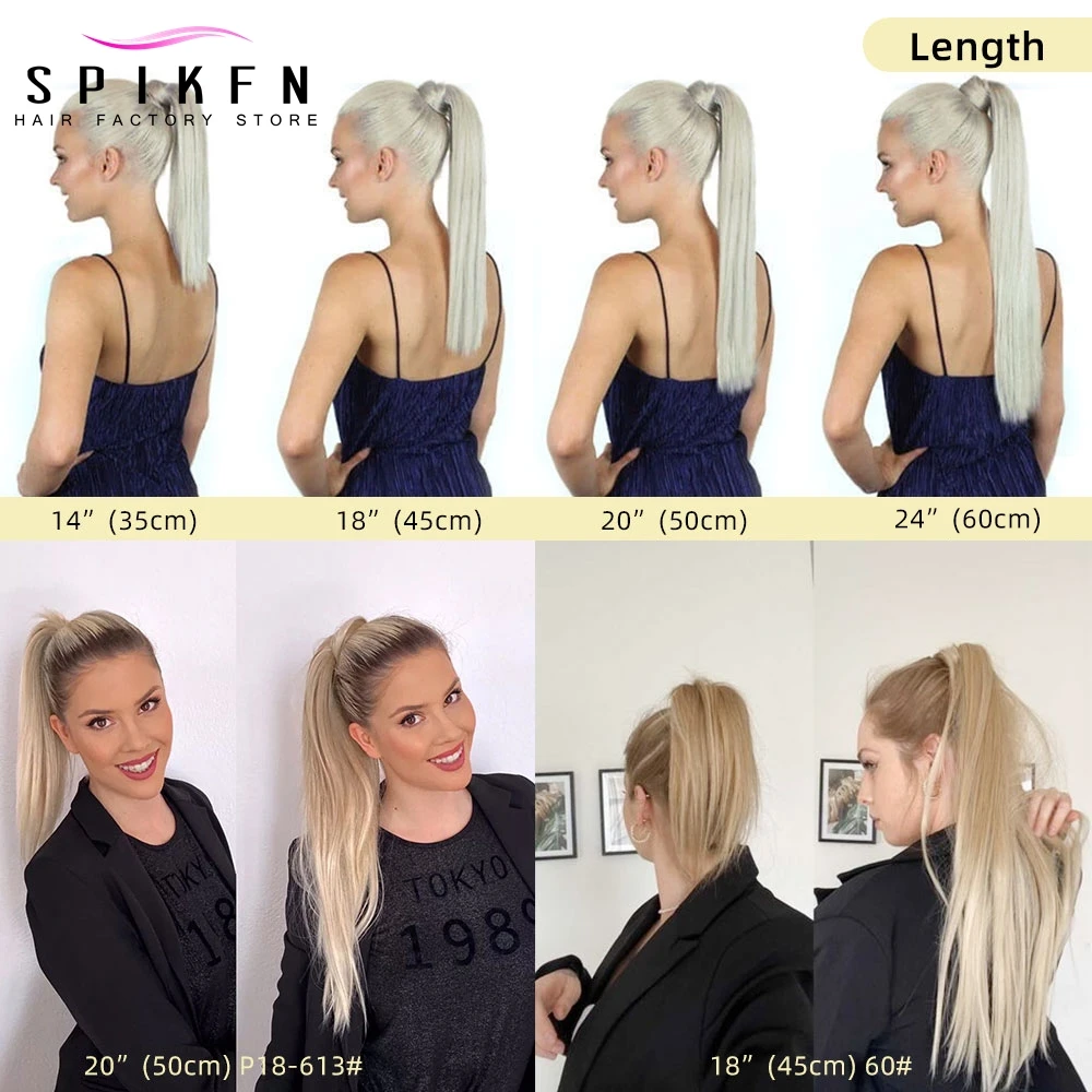 SPIKFN 人毛ポニーテールエクステンションストレート「14-22」リアルナチュラルブラジリアンダークブラウンレミーラップクリップ人毛エクステンション