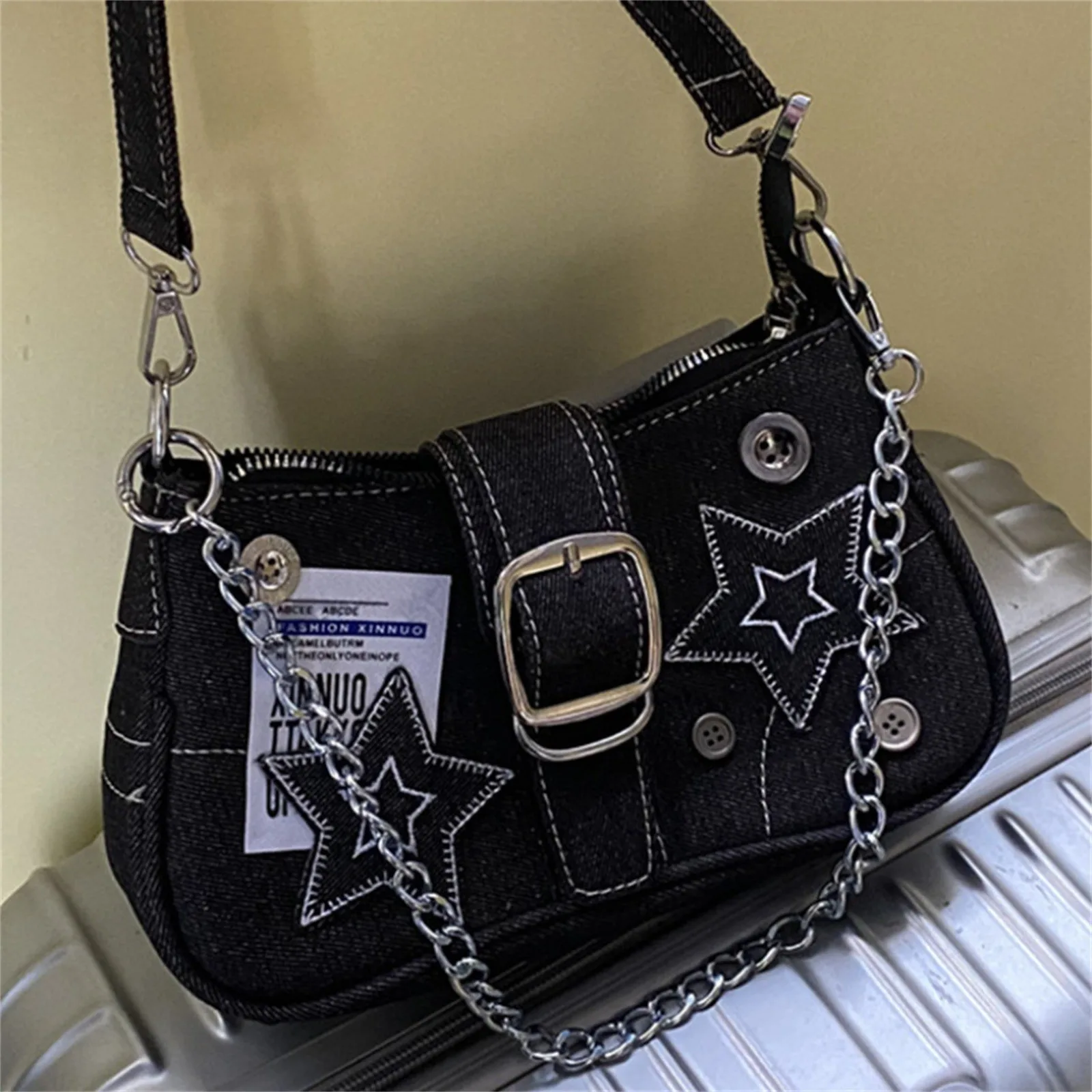 Vintage Denim Shoulder Bag Japanese Fashion Cool Dark Harajuku Style Denim Bag Pink Star Metal Chain Women's Bag Underarm Bag