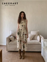 CHEERART Vintage Floral Bandage Long Tank Dress For Women 2023 Summer Sleeveless Sundress Designer Fashion Midi Dress Clothes