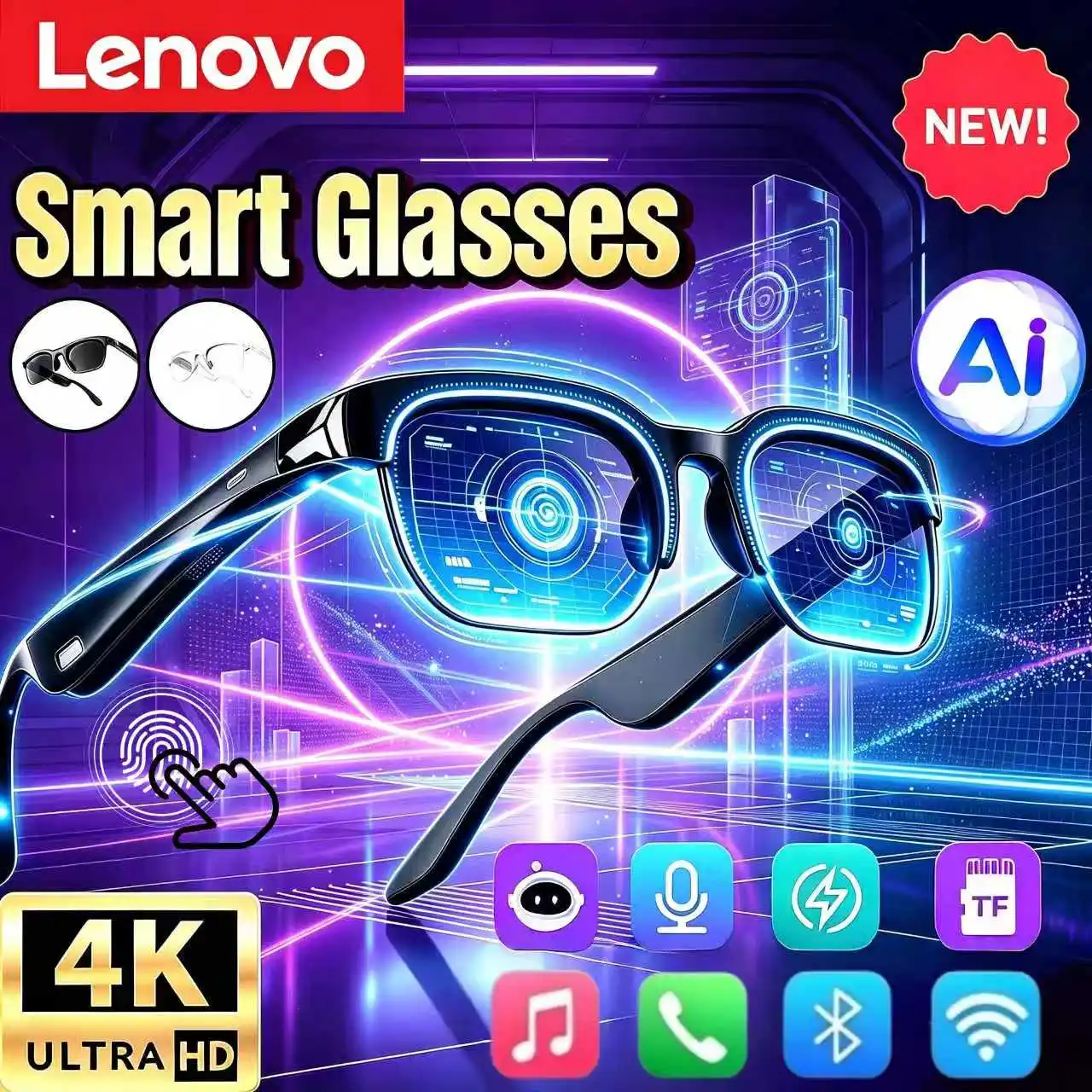 Lenovo 4K HD AI Smart Glasses Hands-Free Calling AI Translation AI Chat Logging Music Playback Men Women Smart Sunglasses