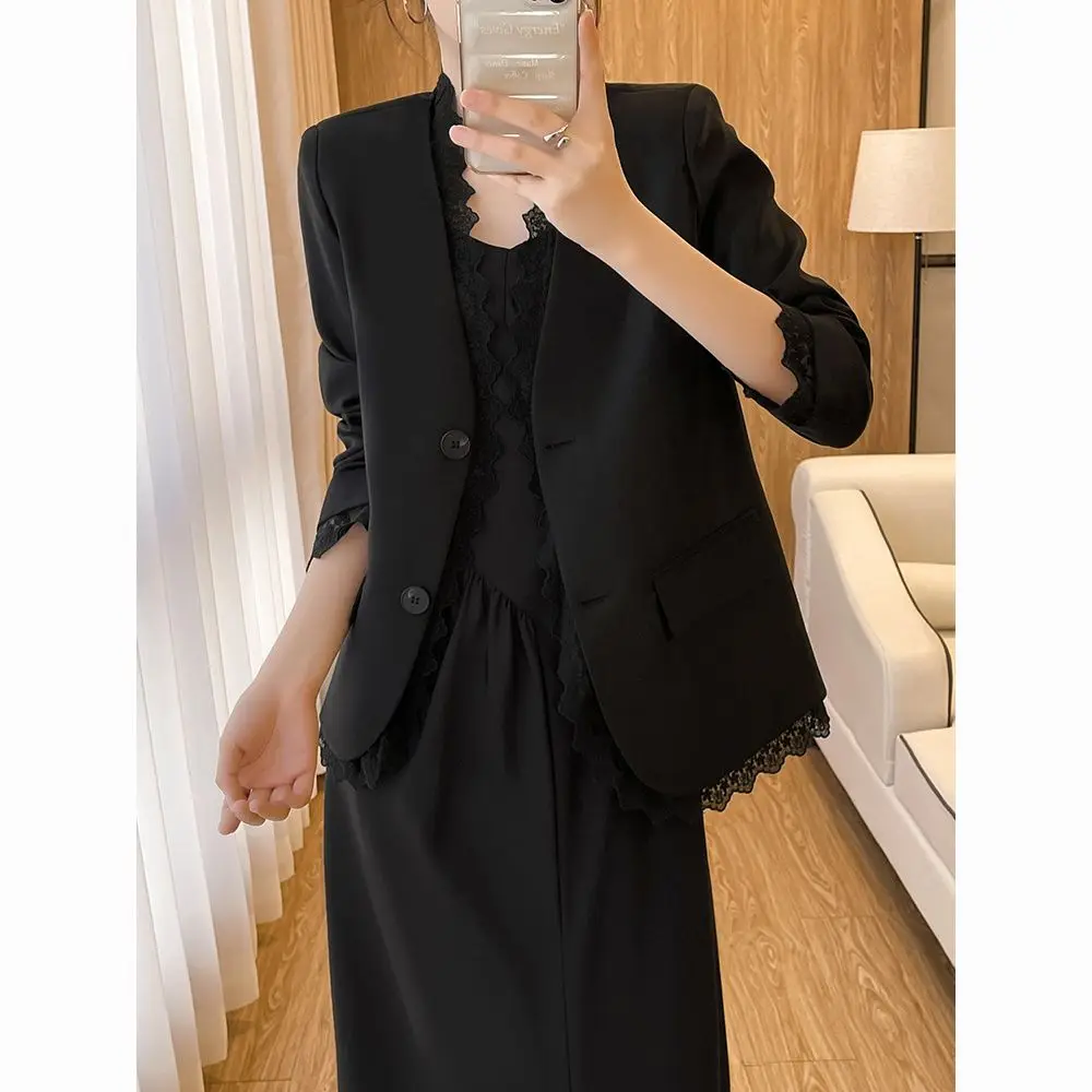 

Women Small Fragrant Style Blazer Coat Spring Thin Lace Splicing Casual Lined Suits Jacket Female Korean Gentle Style Outwear