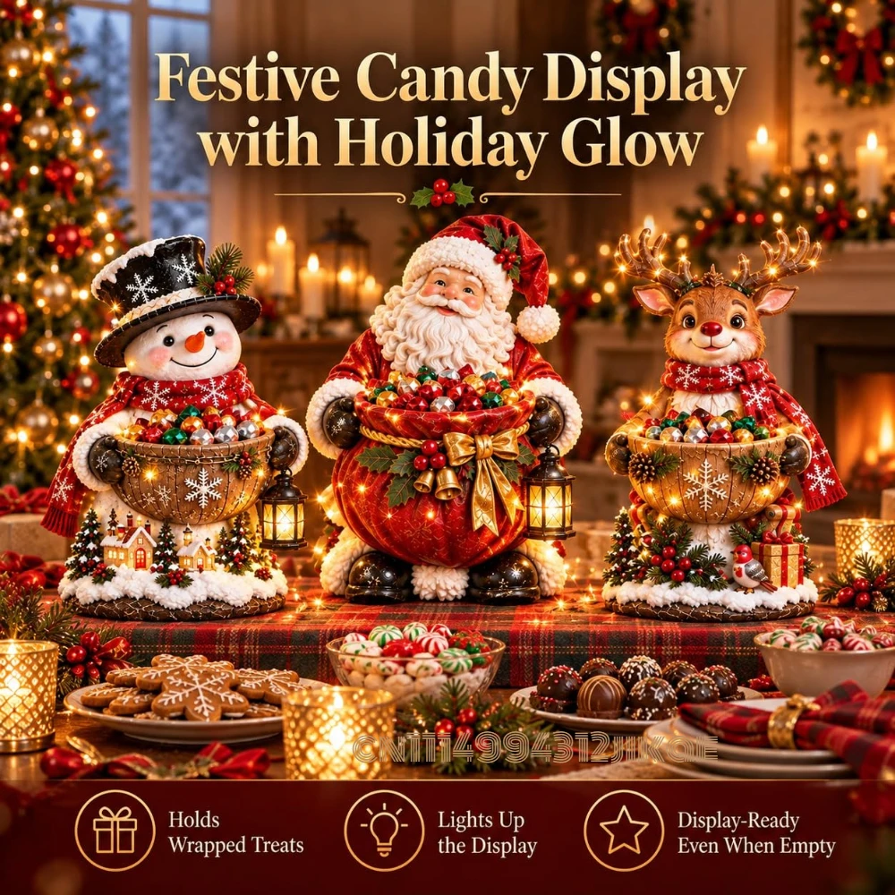 Lighted Christmas Candy Bowl,5 Festive Holiday Character Designs,Warm lighted candy dish in 5 festive designs for wrapped sweets