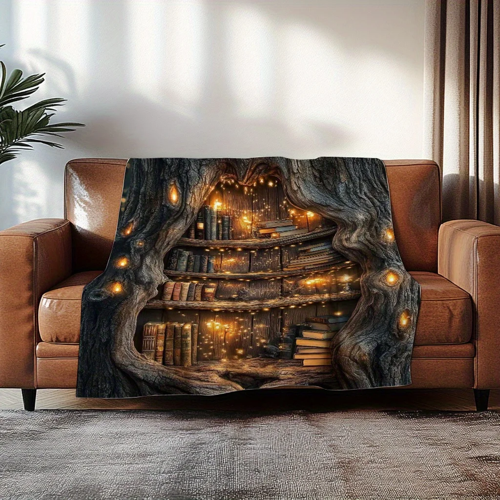 Tree‑Bookshelf‑Book‑Print Throw Blanket, Decor for Sofa & Bed, Literary‑Themed Warm Gift for Book Lovers, All‑Season Home Decor